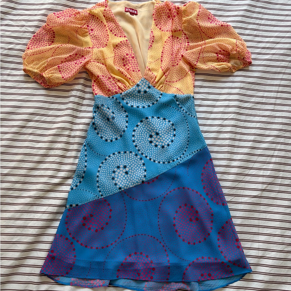 STAUD Yellow and Pink Dot-Print Dress